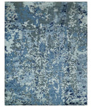 8x10 Ivory, Silver, Blue and Blue Modern Abstract Hand Knotted Wool and Bamboo Silk Area Rug by The Rug Decor