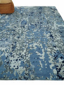 8x10 Ivory, Silver, Blue and Blue Modern Abstract Hand Knotted Wool and Bamboo Silk Area Rug by The Rug Decor