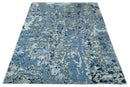 8x10 Ivory, Silver, Blue and Blue Modern Abstract Hand Knotted Wool and Bamboo Silk Area Rug by The Rug Decor