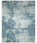 8x10 Ivory, Teal and Beige Modern Abstract Hand Loomed Blended wool and Art silk Area Rug