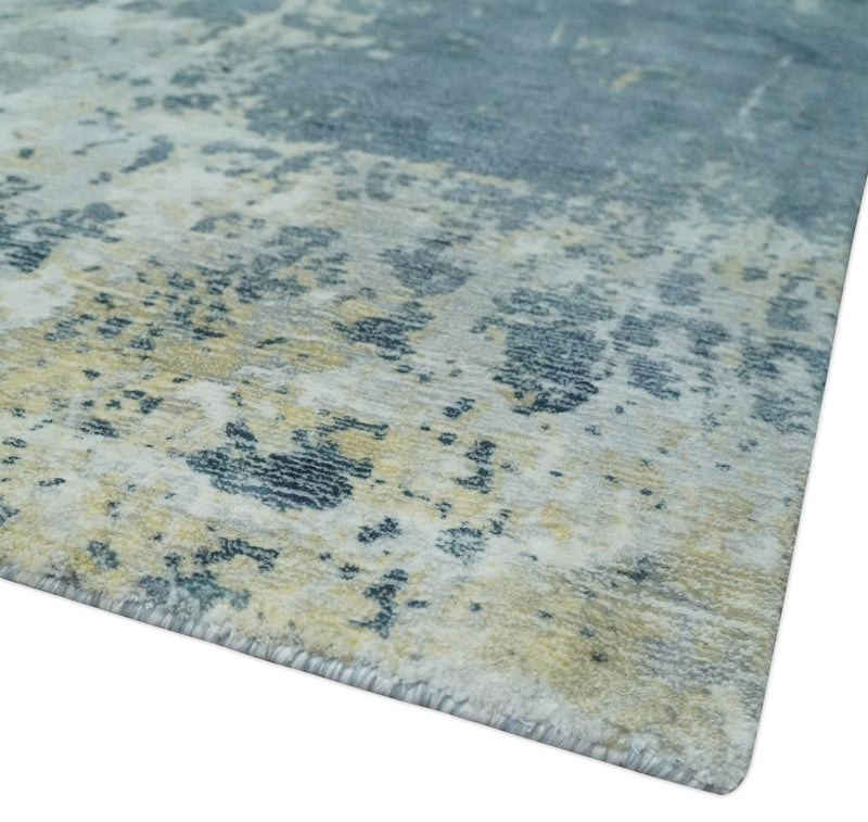 8x10 Ivory, Teal and Beige Modern Abstract Hand Loomed Blended wool and Art silk Area Rug