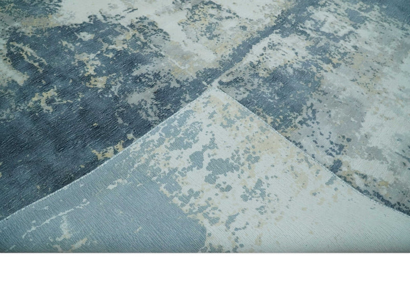 8x10 Ivory, Teal and Beige Modern Abstract Hand Loomed Blended wool and Art silk Area Rug