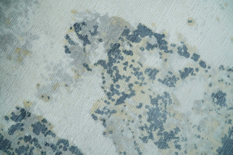 8x10 Ivory, Teal and Beige Modern Abstract Hand Loomed Blended wool and Art silk Area Rug