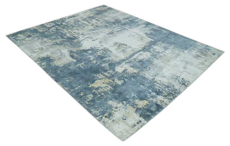 8x10 Ivory, Teal and Beige Modern Abstract Hand Loomed Blended wool and Art silk Area Rug