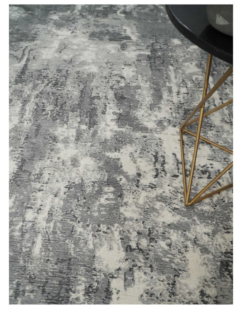 8x10 Modern Abstract Blended wool and Art silk Ivory, Silver and Charcoal Hand Loomed Area Rug