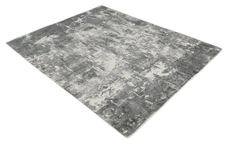8x10 Modern Abstract Blended wool and Art silk Ivory, Silver and Charcoal Hand Loomed Area Rug