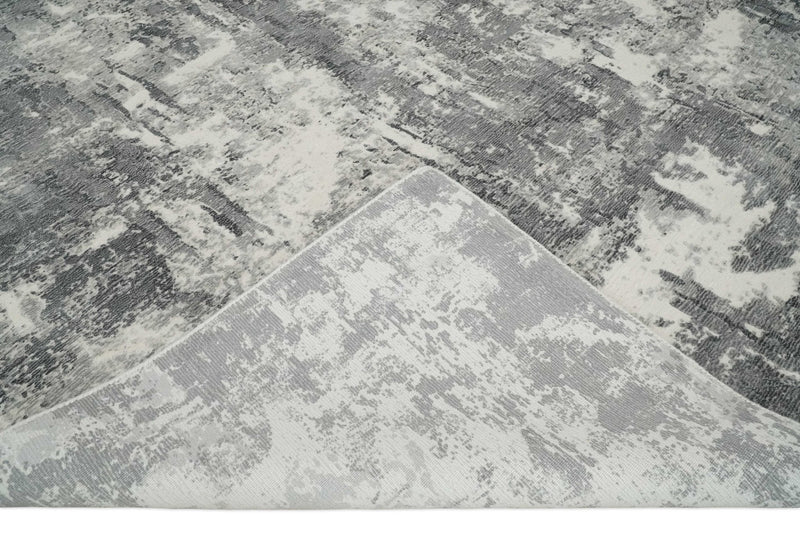 8x10 Modern Abstract Blended wool and Art silk Ivory, Silver and Charcoal Hand Loomed Area Rug