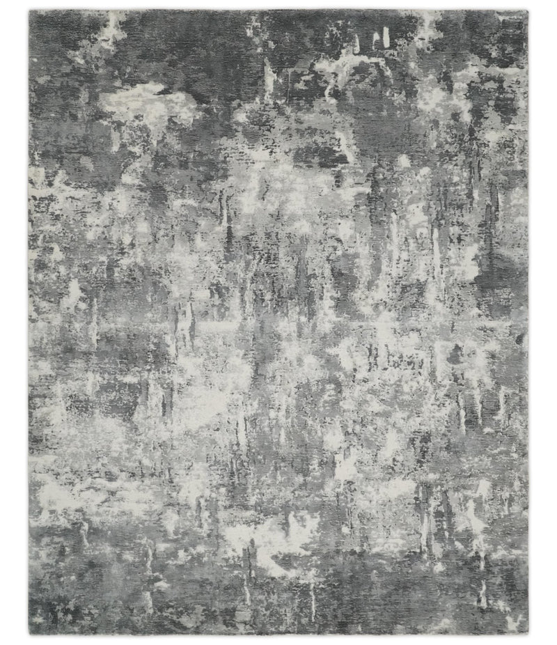 8x10 Modern Abstract Blended wool and Art silk Ivory, Silver and Charcoal Hand Loomed Area Rug