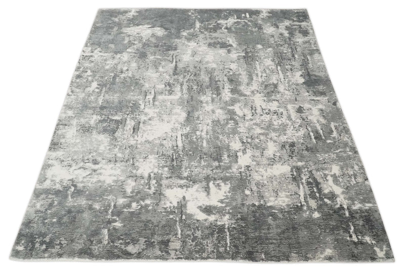 8x10 Modern Abstract Blended wool and Art silk Ivory, Silver and Charcoal Hand Loomed Area Rug