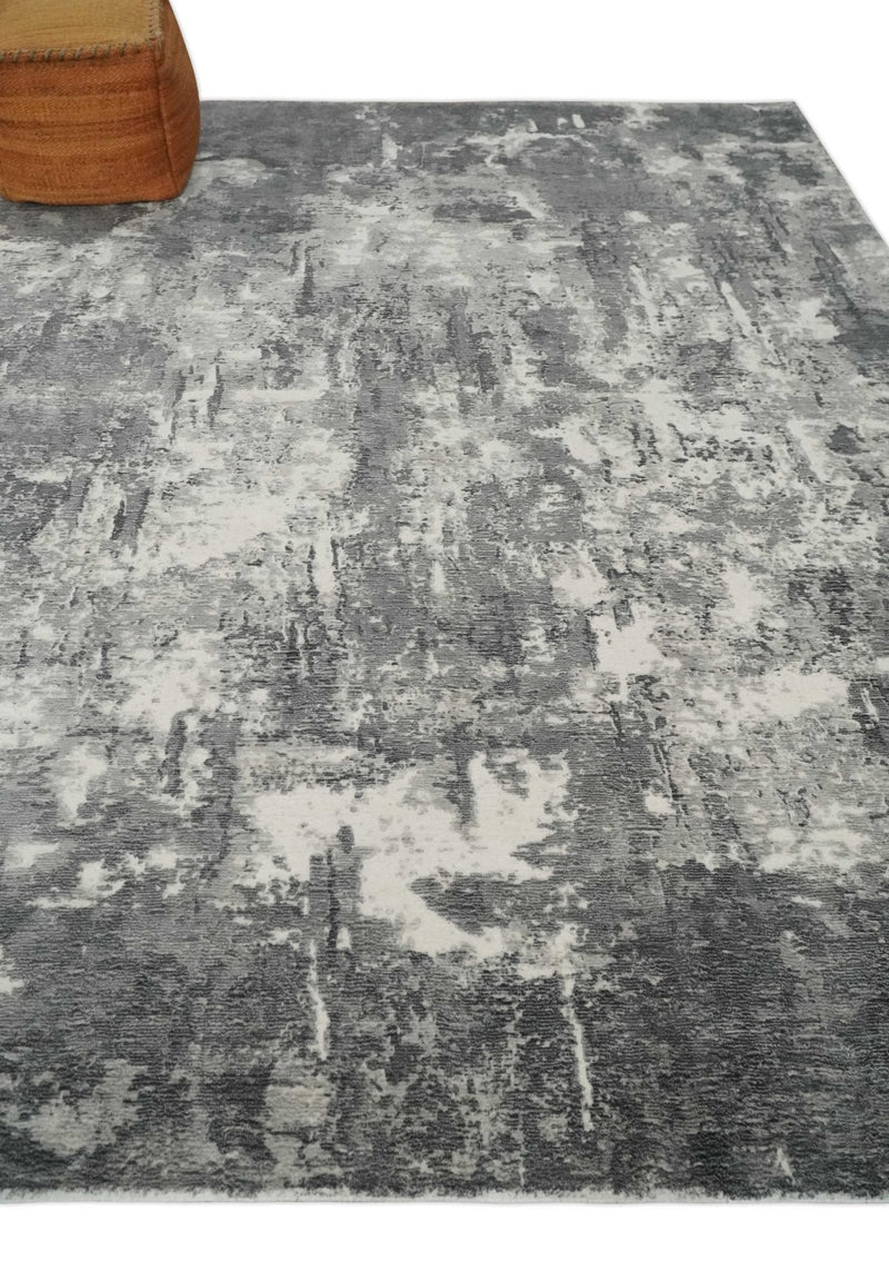 8x10 Modern Abstract Blended wool and Art silk Ivory, Silver and Charcoal Hand Loomed Area Rug