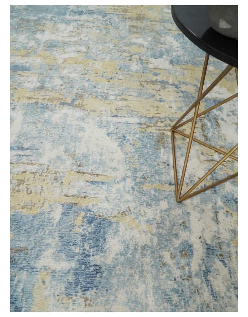 8x10 Modern Abstract Blended wool and Art silk Ivory, Teal and Beige Hand Loomed Area Rug