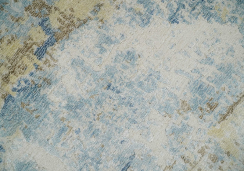 8x10 Modern Abstract Blended wool and Art silk Ivory, Teal and Beige Hand Loomed Area Rug