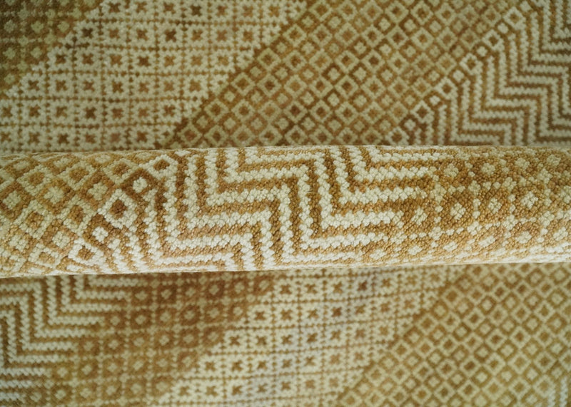 8x10 Modern Geometric Trellis Scandinavian Hand Knotted Beige, Camel and Ivory Wool Area Rug