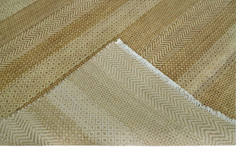 8x10 Modern Geometric Trellis Scandinavian Hand Knotted Beige, Camel and Ivory Wool Area Rug