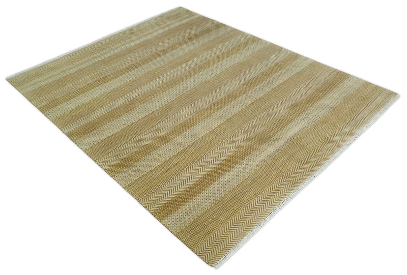 8x10 Modern Geometric Trellis Scandinavian Hand Knotted Beige, Camel and Ivory Wool Area Rug