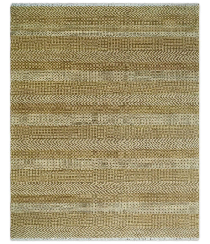 8x10 Modern Geometric Trellis Scandinavian Hand Knotted Beige, Camel and Ivory Wool Area Rug