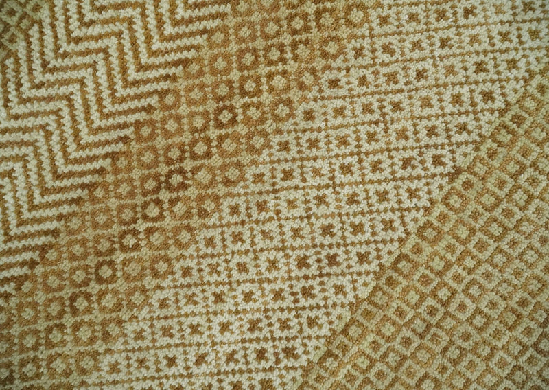 8x10 Modern Geometric Trellis Scandinavian Hand Knotted Beige, Camel and Ivory Wool Area Rug