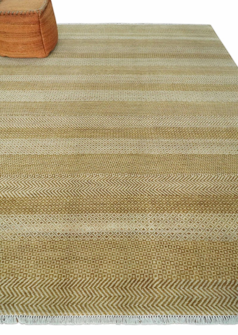 8x10 Modern Geometric Trellis Scandinavian Hand Knotted Beige, Camel and Ivory Wool Area Rug