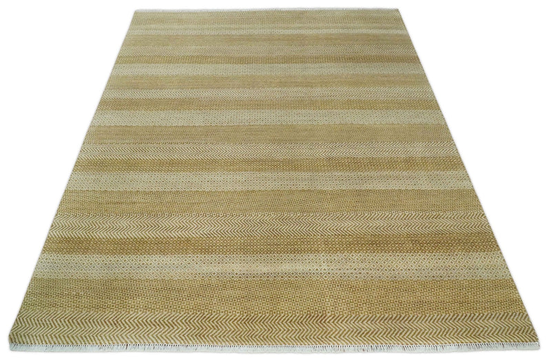 8x10 Modern Geometric Trellis Scandinavian Hand Knotted Beige, Camel and Ivory Wool Area Rug