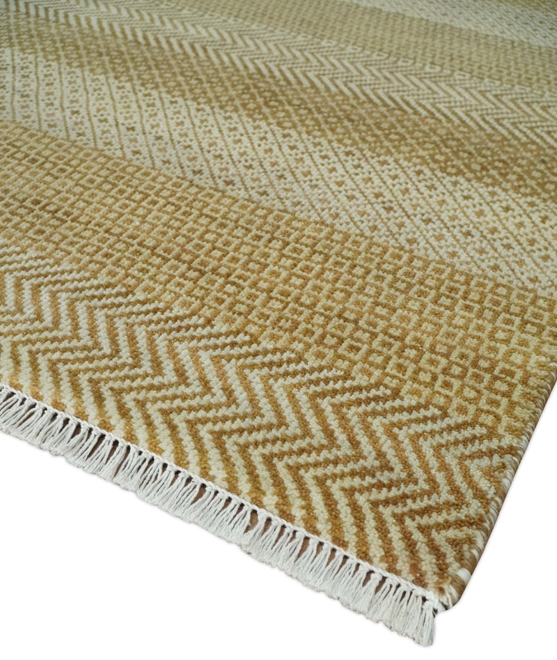 8x10 Modern Geometric Trellis Scandinavian Hand Knotted Beige, Camel and Ivory Wool Area Rug