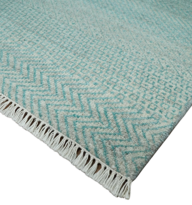 8x10 Modern Geometric Trellis Scandinavian Hand Knotted Blue and Ivory Wool Area Rug | TRDCP937810