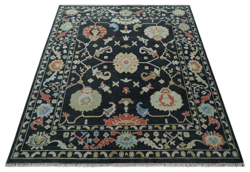8x10 Modern Hand Knotted Black and Multicolor Traditional Oushak Wool Area Rug