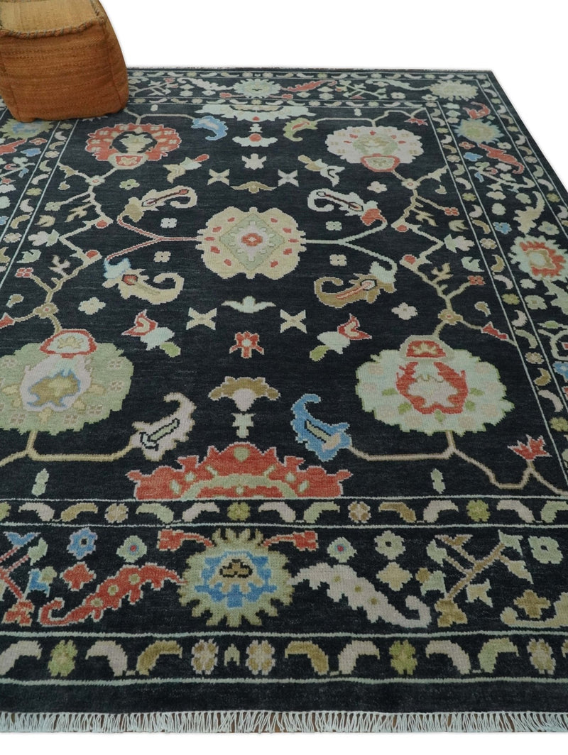 8x10 Modern Hand Knotted Black and Multicolor Traditional Oushak Wool Area Rug