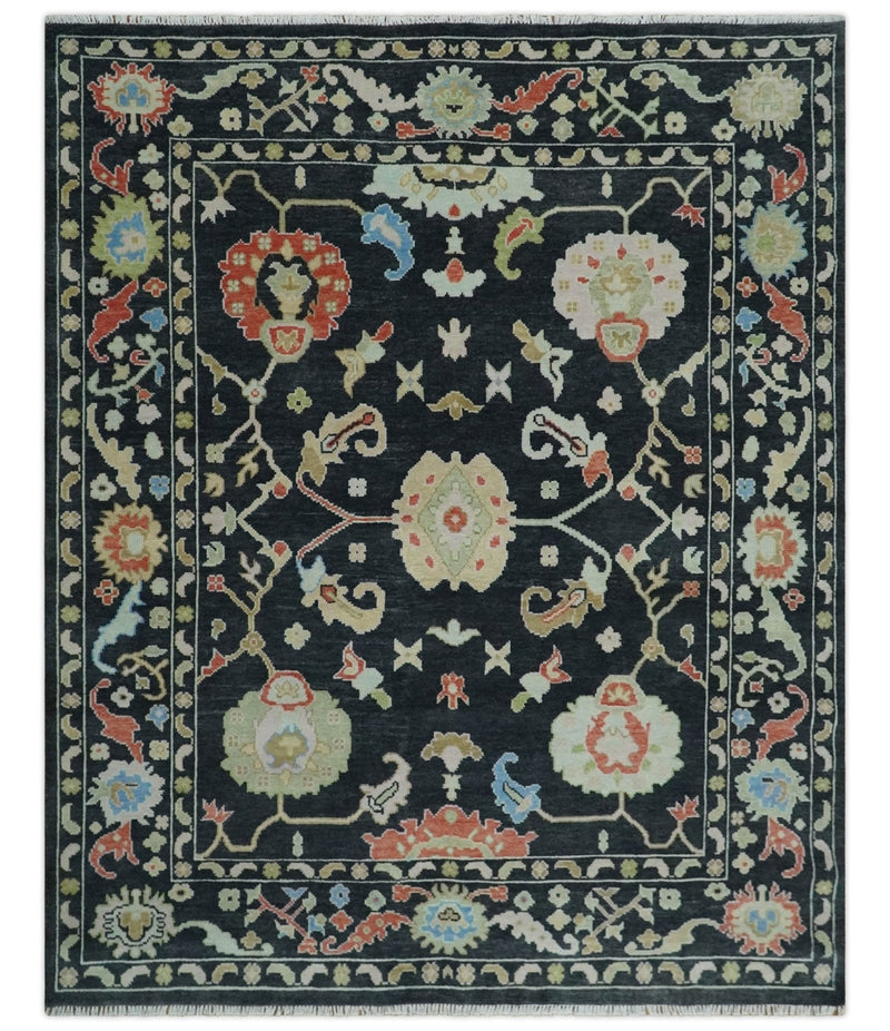 8x10 Modern Hand Knotted Black and Multicolor Traditional Oushak Wool Area Rug