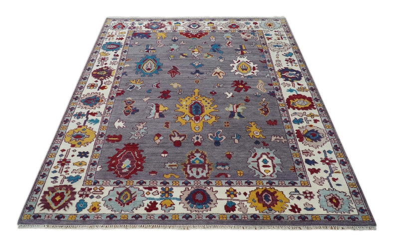 8x10 Modern Oushak Hand Knotted Persian Purple and Ivory Colorful Wool Area Rug | TRDCP841810