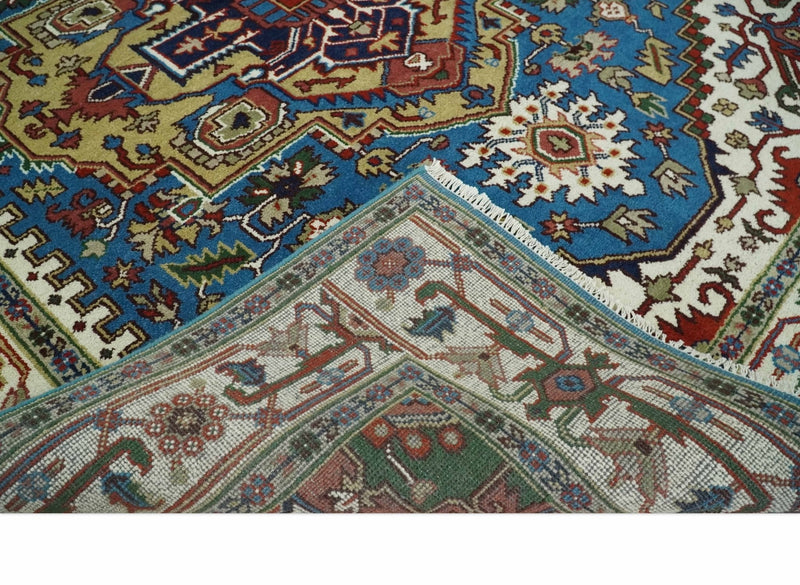 8x10 Olive, Blue and Ivory Heriz Serapi Hand knotted Traditional wool Area Rug