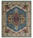 8x10 Olive, Blue and Ivory Heriz Serapi Hand knotted Traditional wool Area Rug
