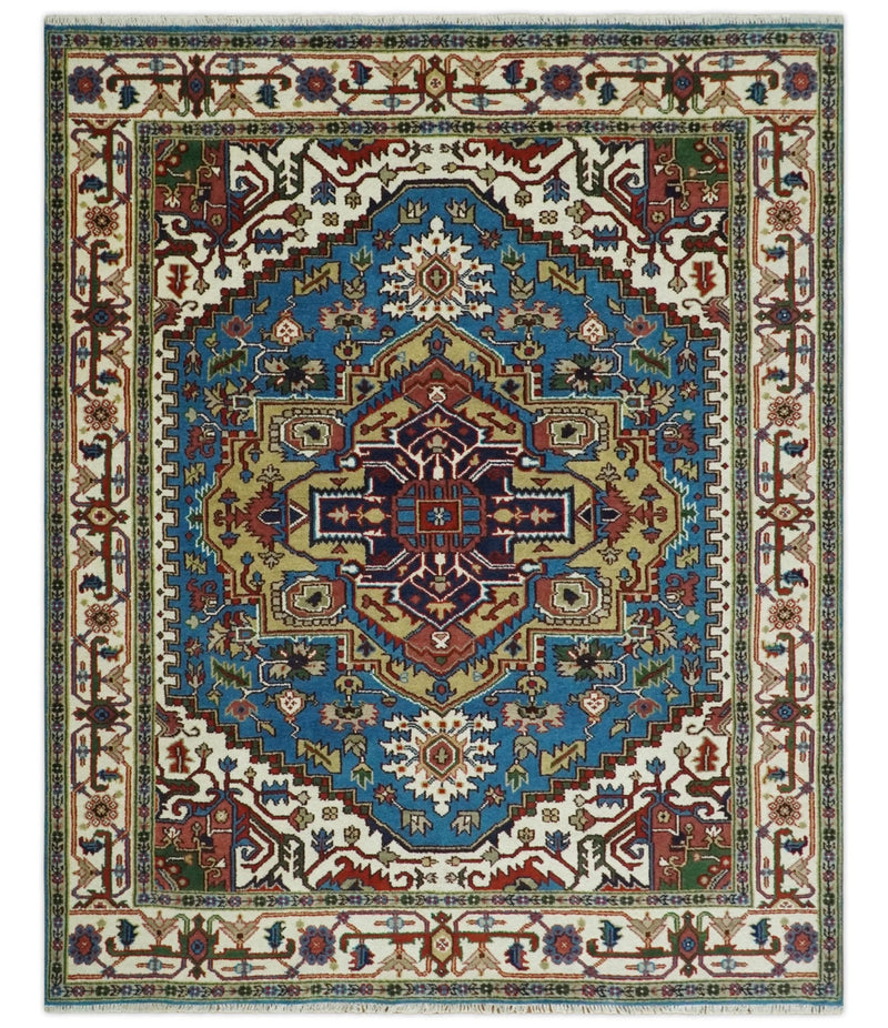 8x10 Olive, Blue and Ivory Heriz Serapi Hand knotted Traditional wool Area Rug