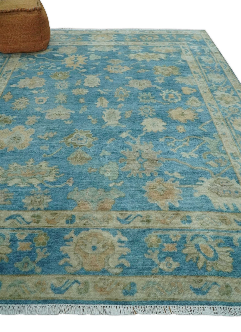 8x10 Oushak Hand Knotted Blue and Beige Traditional Wool Rug
