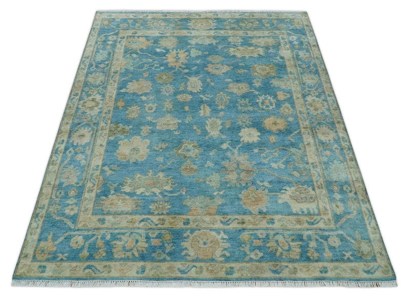 8x10 Oushak Hand Knotted Blue and Beige Traditional Wool Rug