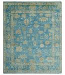 8x10 Oushak Hand Knotted Blue and Beige Traditional Wool Rug