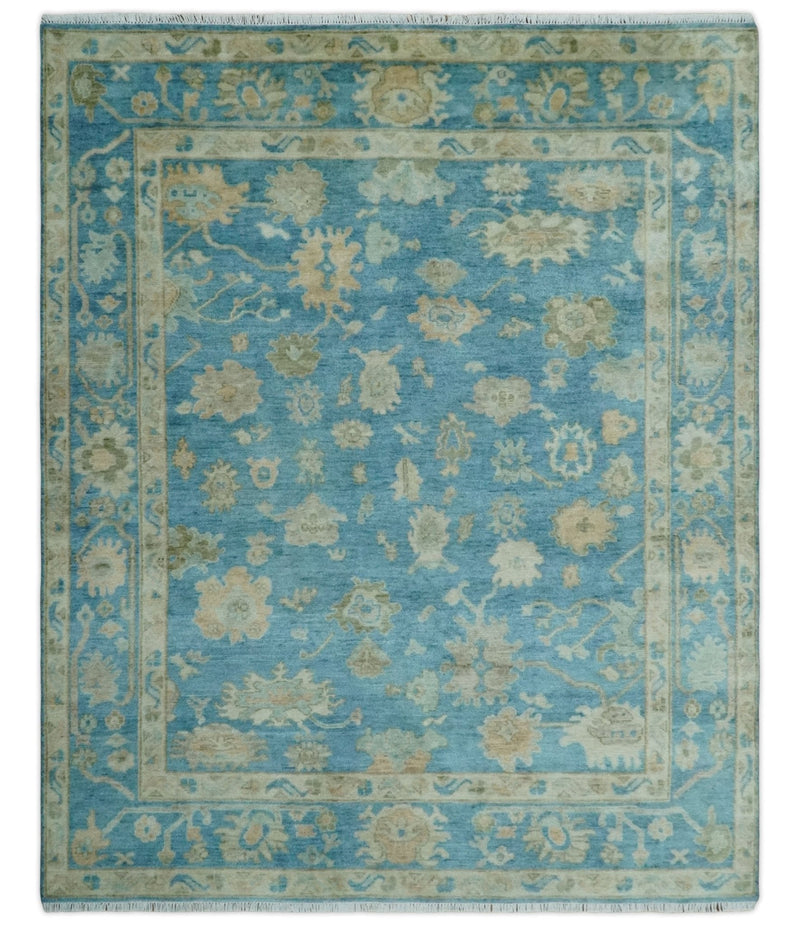 8x10 Oushak Hand Knotted Blue and Beige Traditional Wool Rug