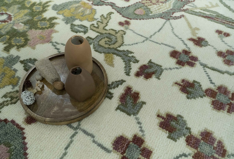 8x10 Peacock Garden Ivory and Green Bird Hand Knotted Wool Area Rug