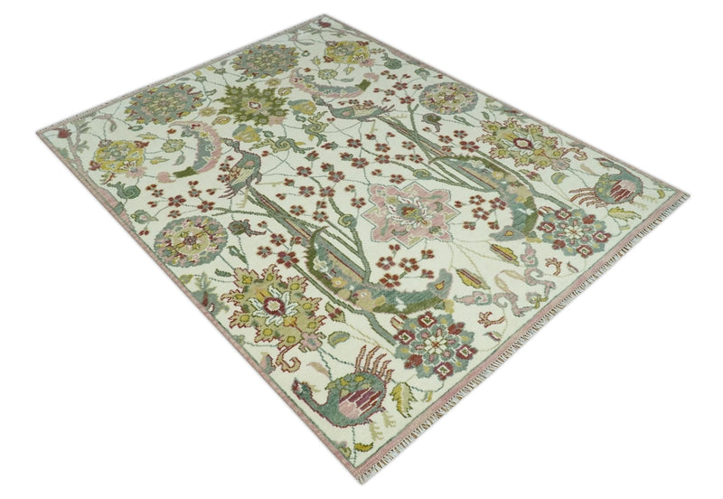 8x10 Peacock Garden Ivory and Green Bird Hand Knotted Wool Area Rug