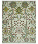 8x10 Peacock Garden Ivory and Green Bird Hand Knotted Wool Area Rug