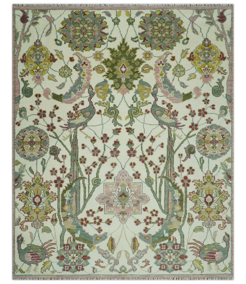 8x10 Peacock Garden Ivory and Green Bird Hand Knotted Wool Area Rug