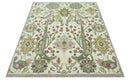 8x10 Peacock Garden Ivory and Green Bird Hand Knotted Wool Area Rug