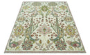 8x10 Peacock Garden Ivory and Green Bird Hand Knotted Wool Area Rug