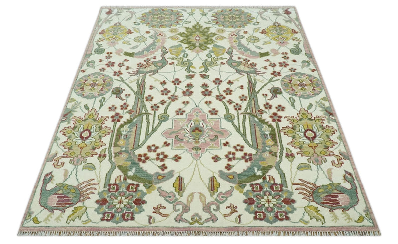 8x10 Peacock Garden Ivory and Green Bird Hand Knotted Wool Area Rug