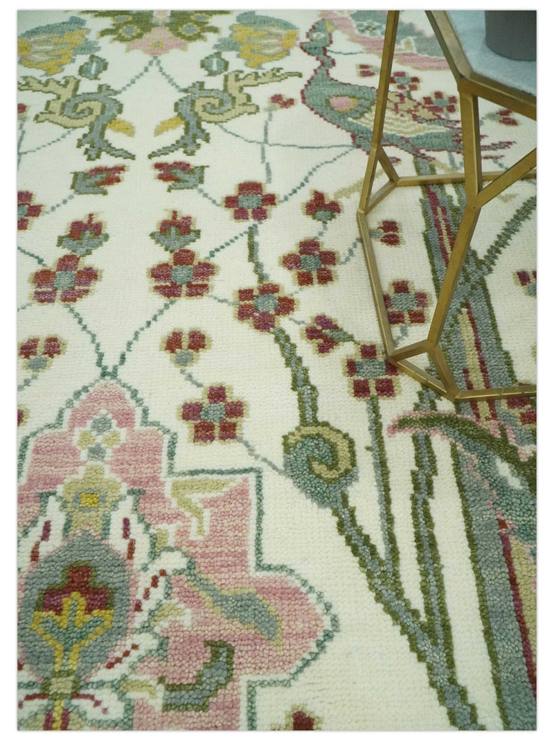 8x10 Peacock Garden Ivory and Green Bird Hand Knotted Wool Area Rug