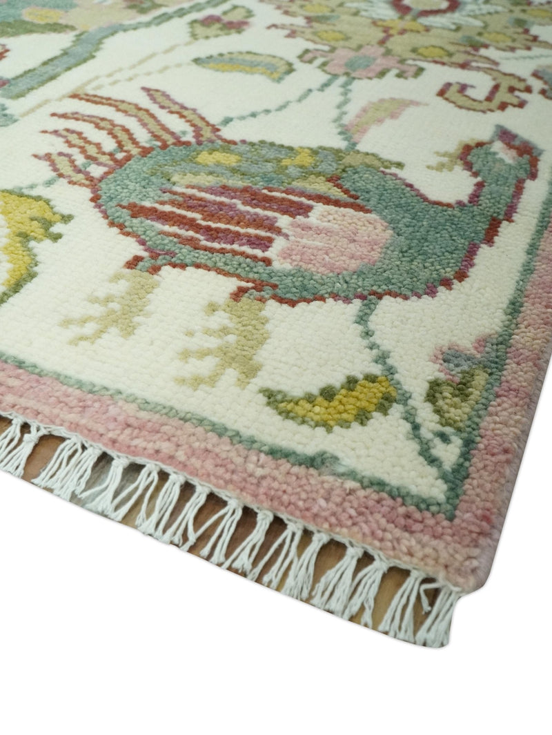 8x10 Peacock Garden Ivory and Green Bird Hand Knotted Wool Area Rug