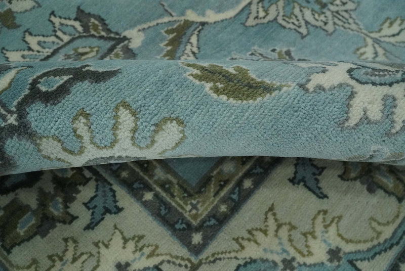 8x10 Premium Blue, Ivory and Green Traditional Floral Hand knotted wool Area Rug