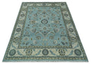 8x10 Premium Blue, Ivory and Green Traditional Floral Hand knotted wool Area Rug