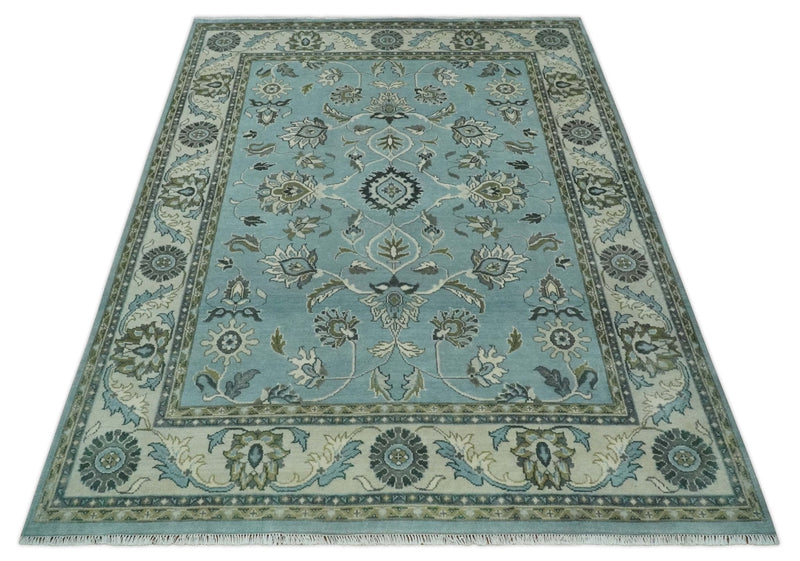 8x10 Premium Blue, Ivory and Green Traditional Floral Hand knotted wool Area Rug