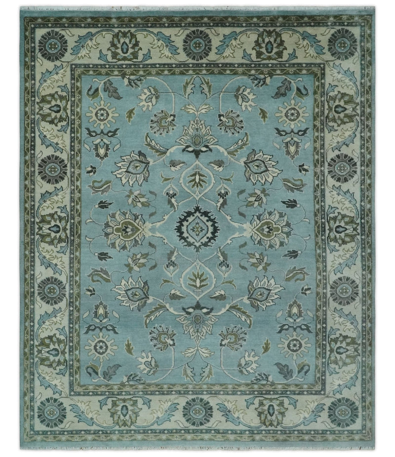 8x10 Premium Blue, Ivory and Green Traditional Floral Hand knotted wool Area Rug
