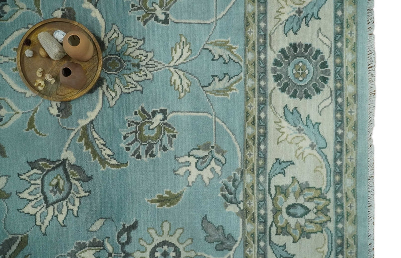 8x10 Premium Blue, Ivory and Green Traditional Floral Hand knotted wool Area Rug